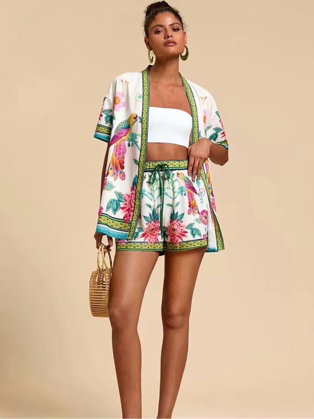 Floral Garden Print Drawstring Waist Shorts - White Pink Green